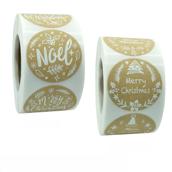 1 Inch Kraft Paper Round Merry Christmas Sticker Roll