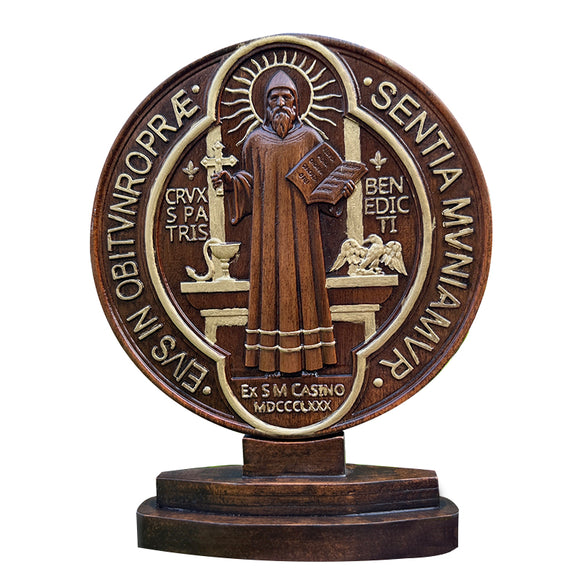 Round Double Side Wooden Saint Benedict Medal with Base