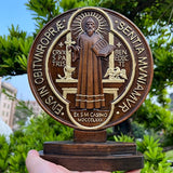 Round Double Side Wooden Saint Benedict Medal with Base