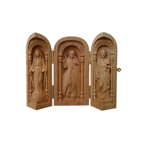 Portable Solid Wood Jesus Round Three-Opened Box Statue Modern Art Sculpture Decoration