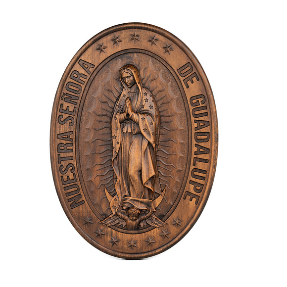 Cherish divine blessings with this exquisite wooden representation of Our Lady of Guadalupe
