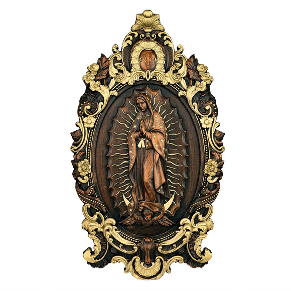 Celebrate faith with this detailed wooden wall decor depicting the Biblical Our Lady of Guadalupe