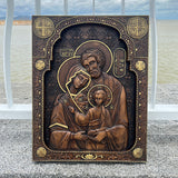 Cherish the essence of divine family with this handcrafted wooden representation of Mary, Joseph, and the Child