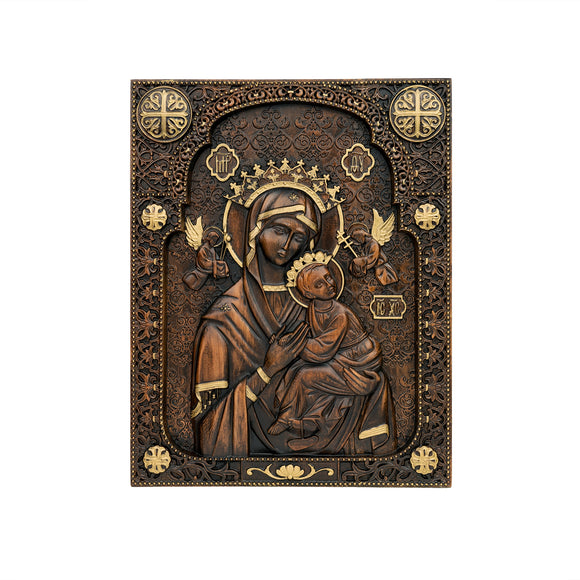 Experience serenity with this wooden depiction of Madonna cradling the Christ Child.