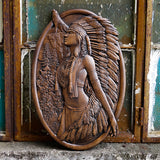 Native American Woman and Wolf Wooden Wall Plaque