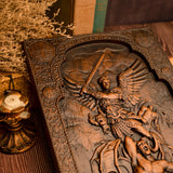 Experience divine protection with this intricately carved wooden representation of Archangel Michael
