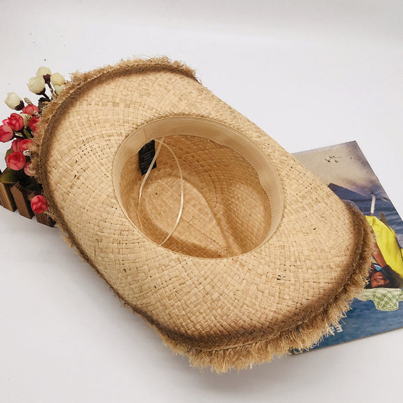 Fashion Frayed Brim Straw Cowboy Hats for Men Summer Sun Protection