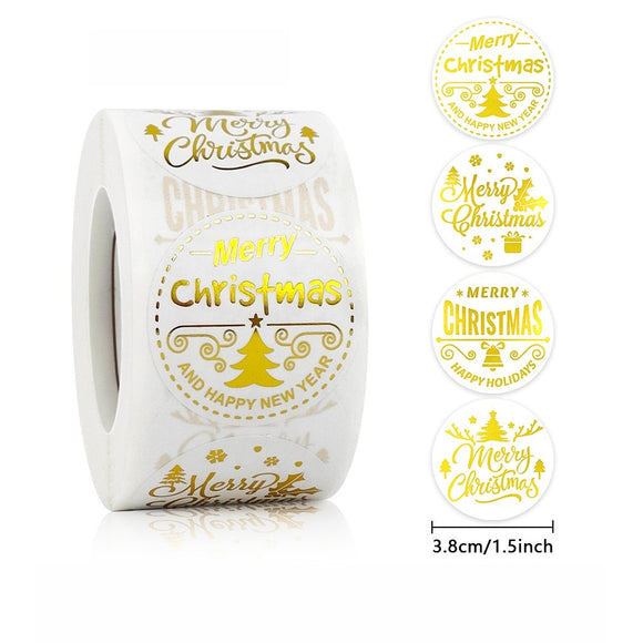 Gold  Round Merry Christmas Stickers Roll