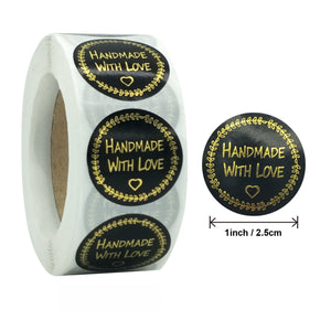 1" Round  Gold Foil Handmade with Love Stickers Roll