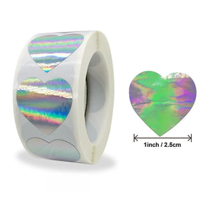 1'' Heart Shape  Round Adhesive Holographic Rainbow Stickers Roll
