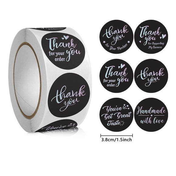 1.5 inch Round Holographic Black Thank You Stickers for Gift Bags
