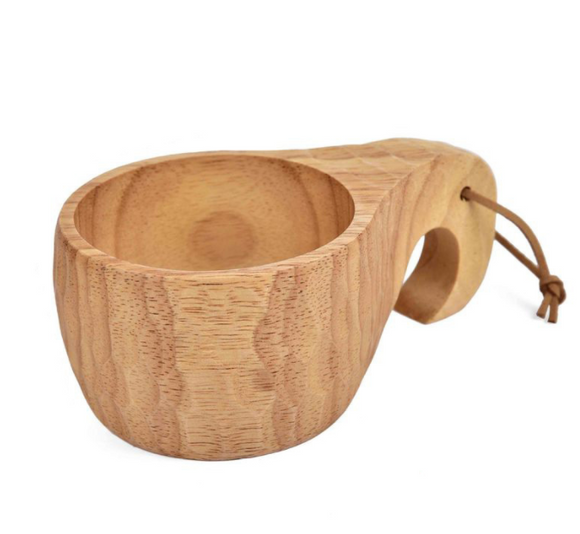 Outdoor Lightweight Solid Wood Cup With Carabiner and leather Lanyard Handmade