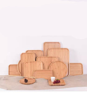 Natural Round Bamboo Wood Serving Rectangular Tray with Handles for Coffee Table and Food